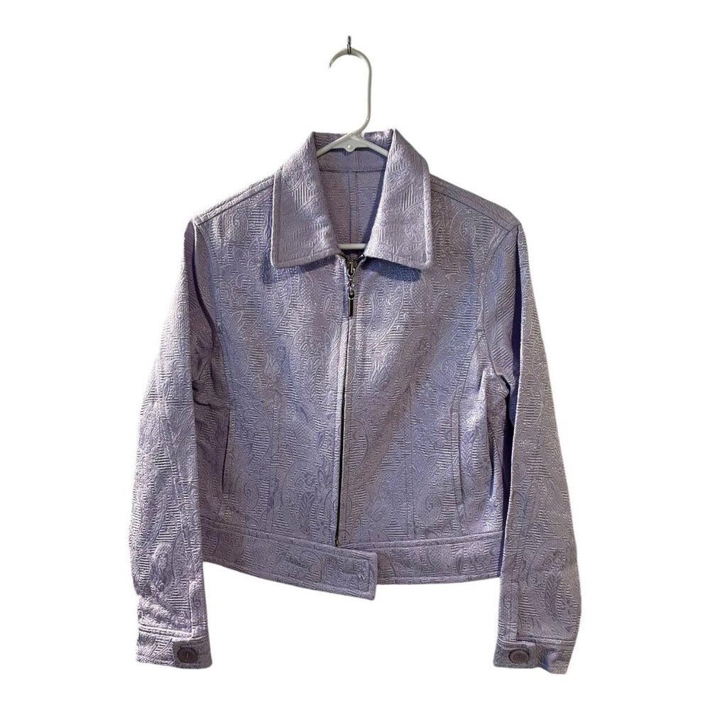 Beliza Violet Glaze Embossed Vintage Floral Zip Light Weight Moto Jacket
